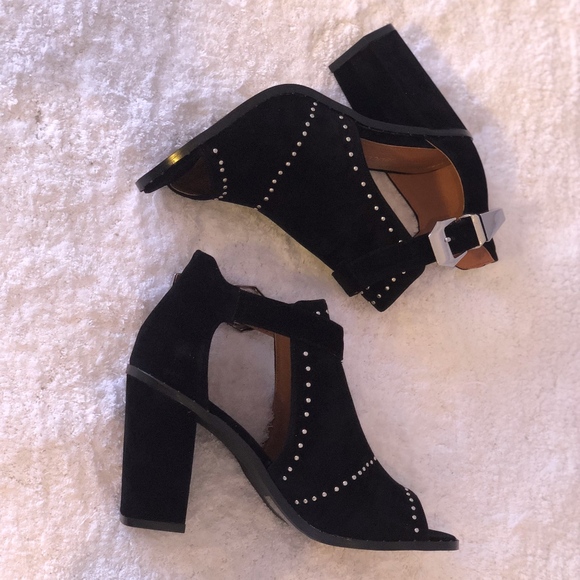Black Studded Suede Peep Toe Booties - Picture 8 of 8